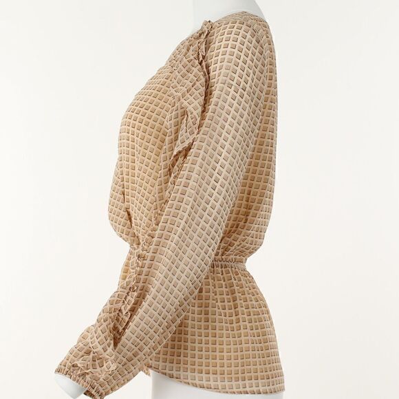 Calvin Klein Printed Ruffled Faux-Wrap Top - Sand Combo - Picture 3 of 5